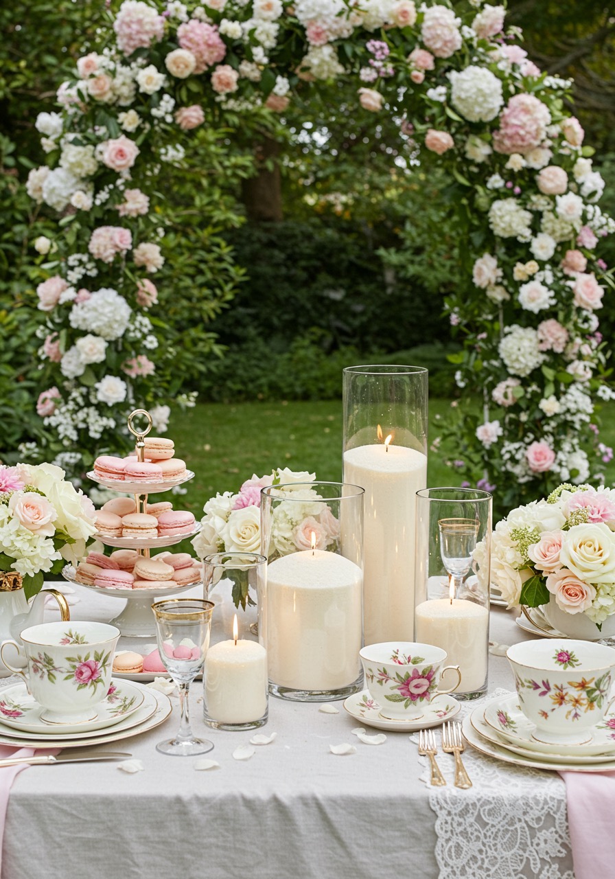 Sunset ceremony scene with glowing Lustre Hire sand wax candles