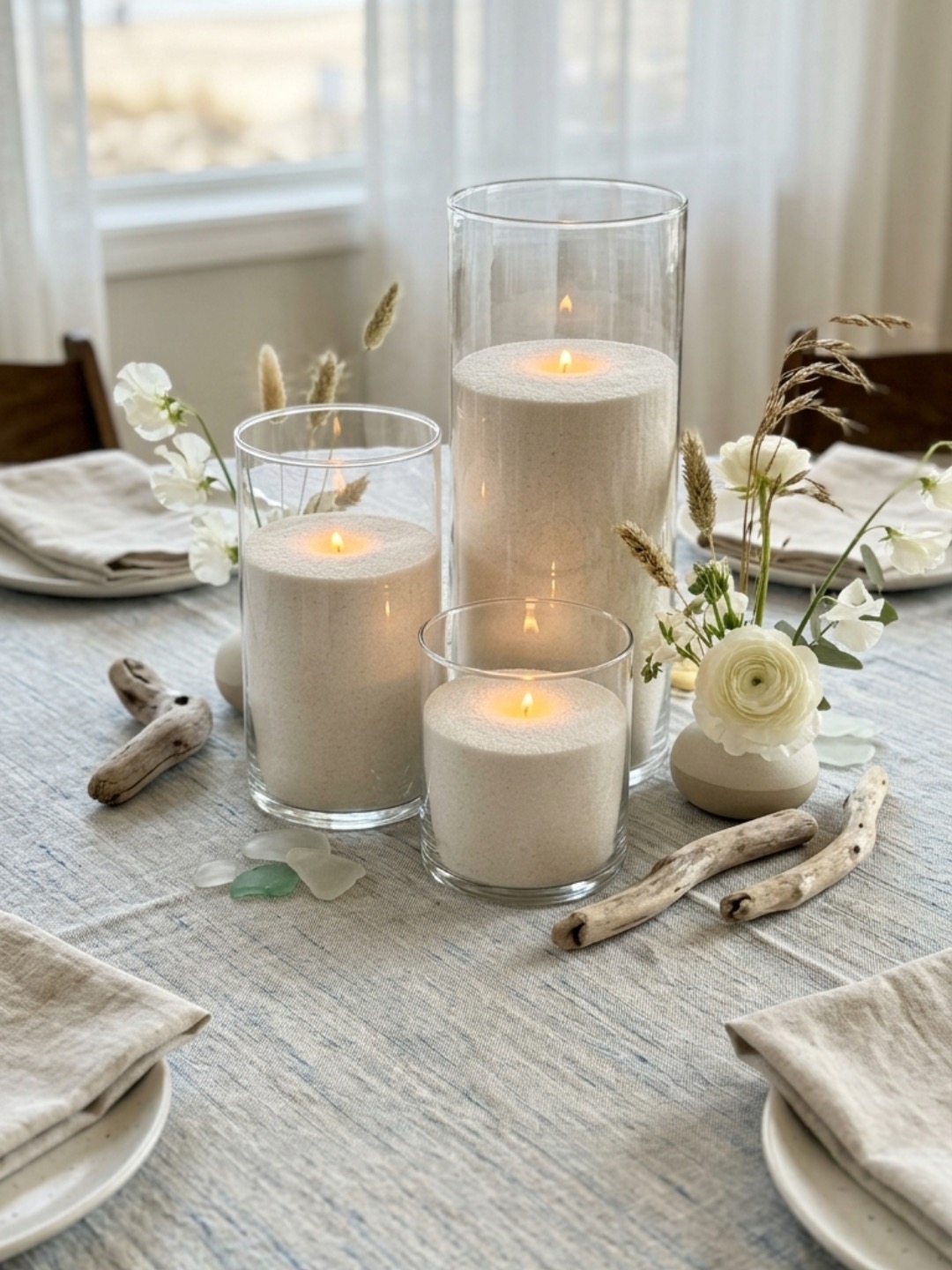 Glass wedding candles styled with floral decor