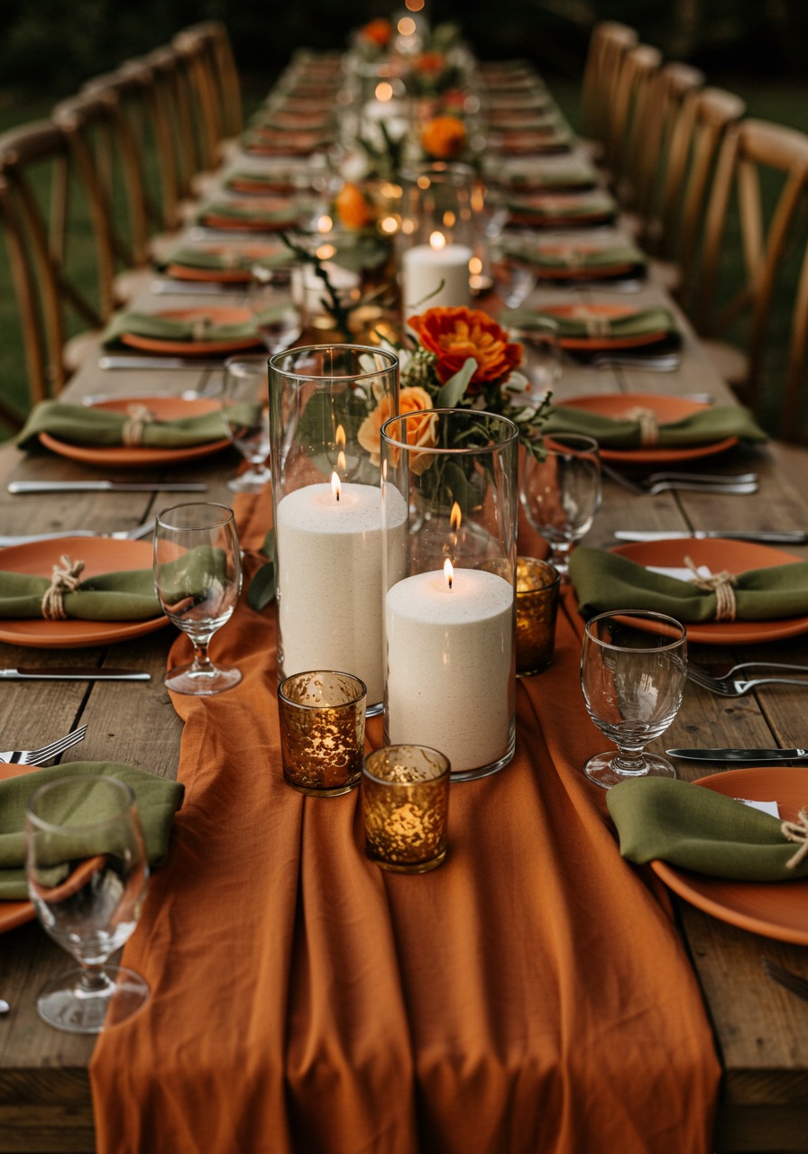 Wedding candles in glass vessels styled neatly on reception tables