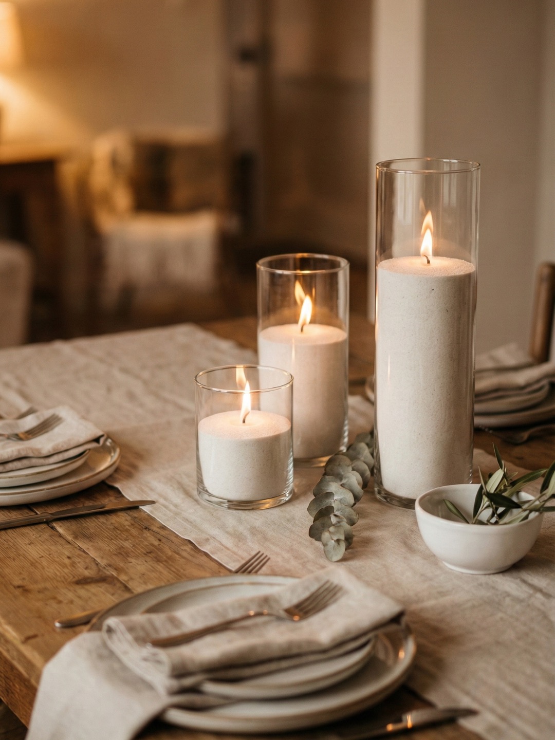 Wedding candle display with varied glass heights