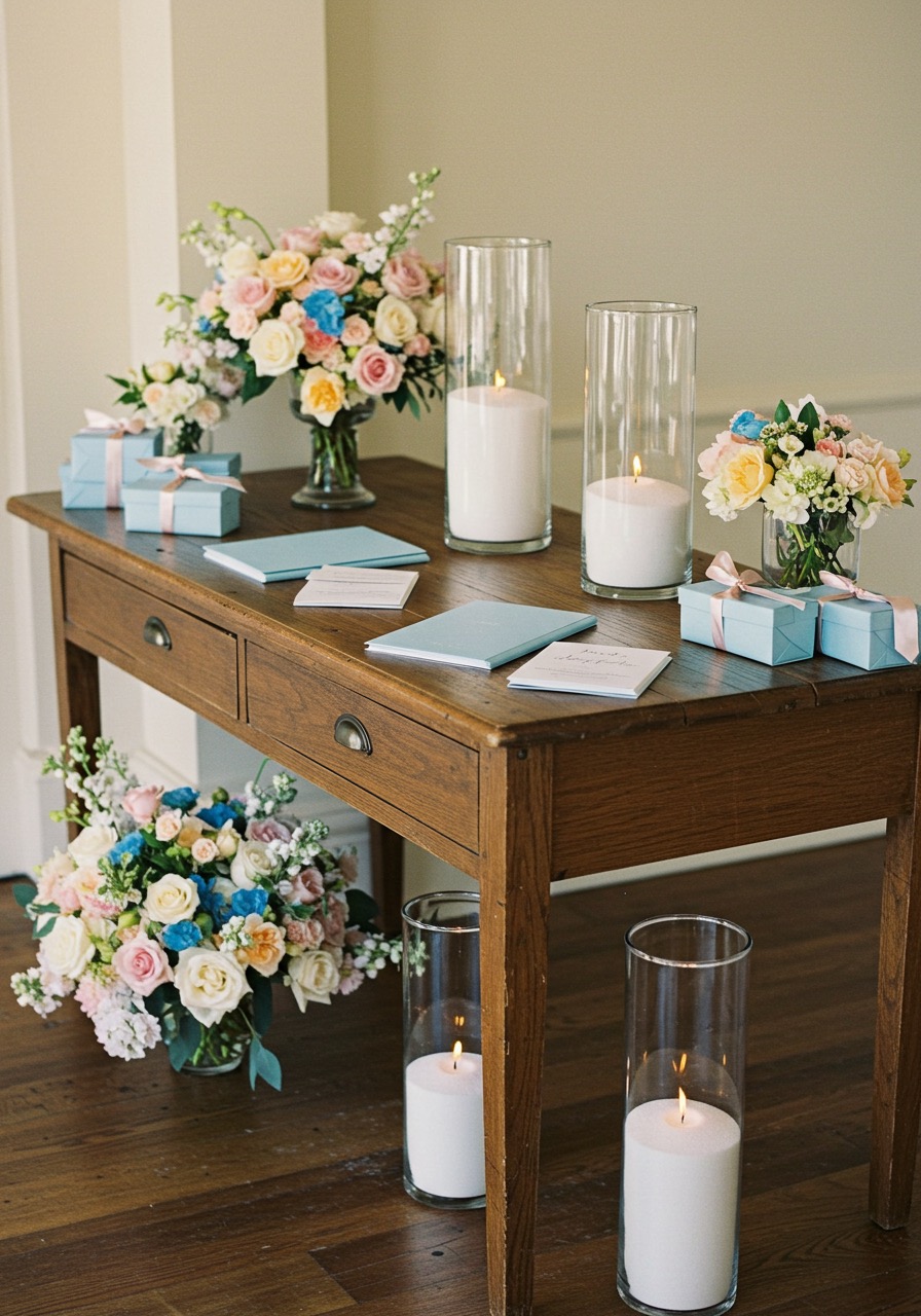 Wedding candles styled beside florals on a reception table