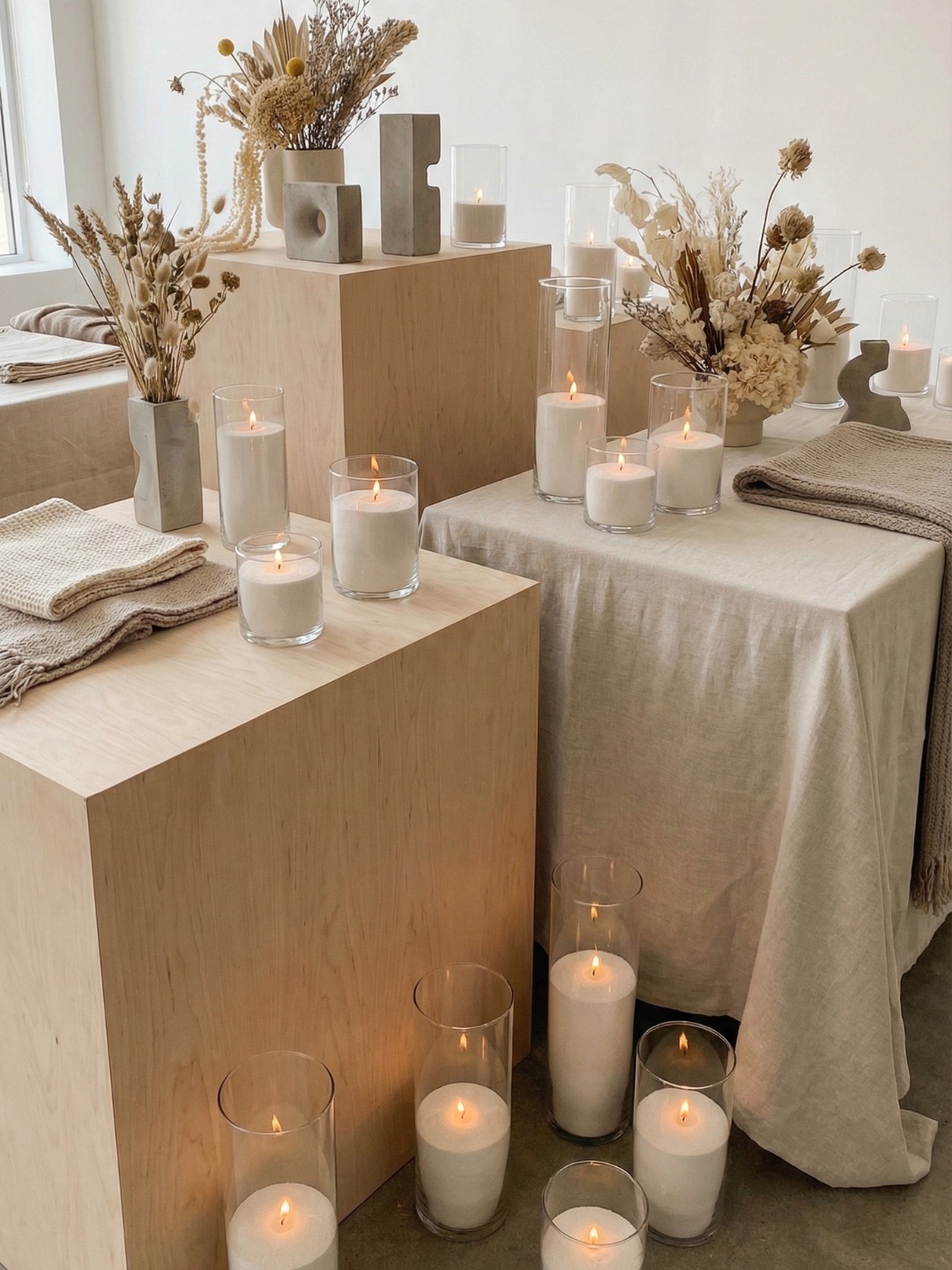 Wedding reception candles styled in clear glass vessels