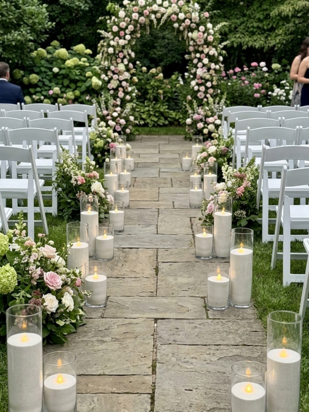 Long wedding reception table styled with a row of candlelit glass vessels